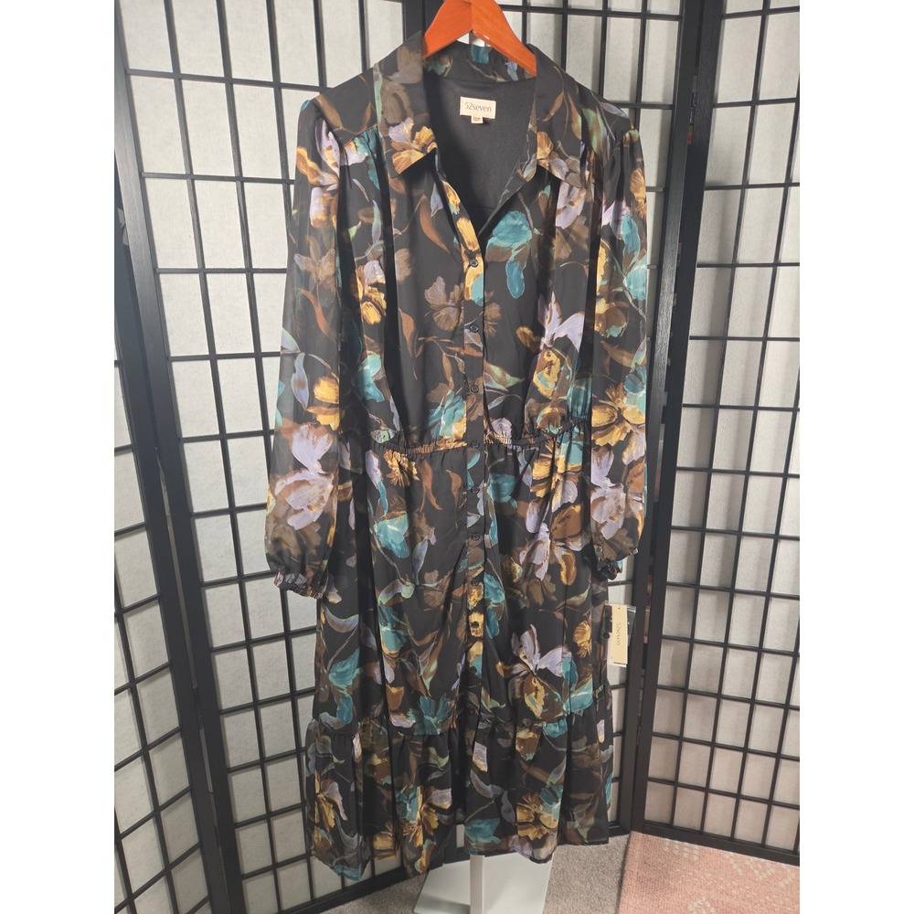 52seven Womens Plus Size 20W Floral Button Down Midi Dress Long Sleeve Black
